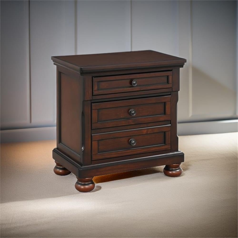 Brown Cherry 3 Drawer Wood Nightstand W50077