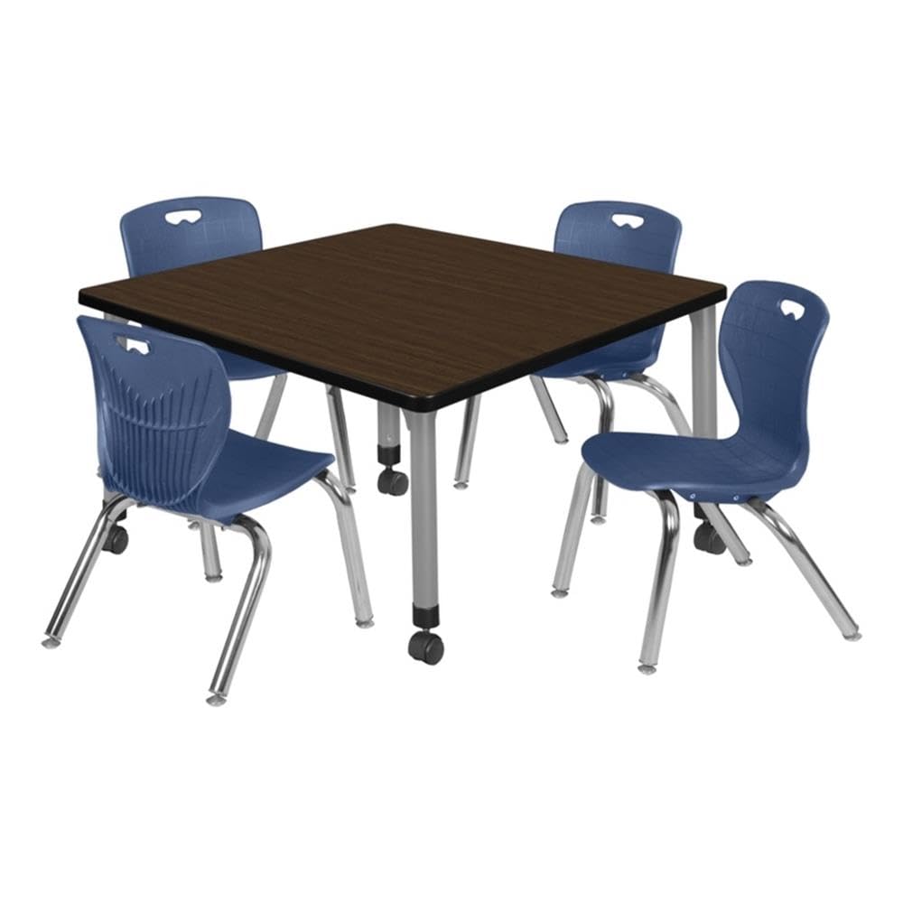 42" Square Mobile Table with 4 Blue Stack Chairs J87309