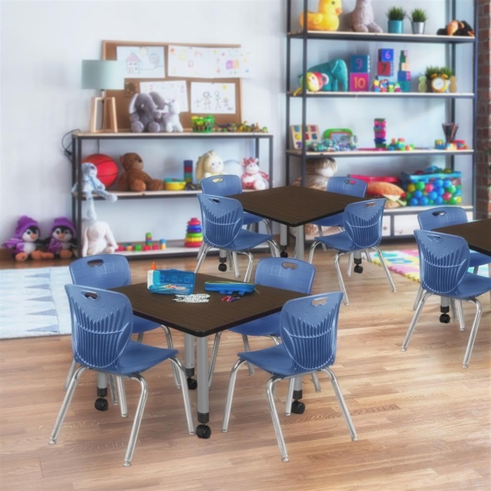 42" Square Mobile Table with 4 Blue Stack Chairs J87309