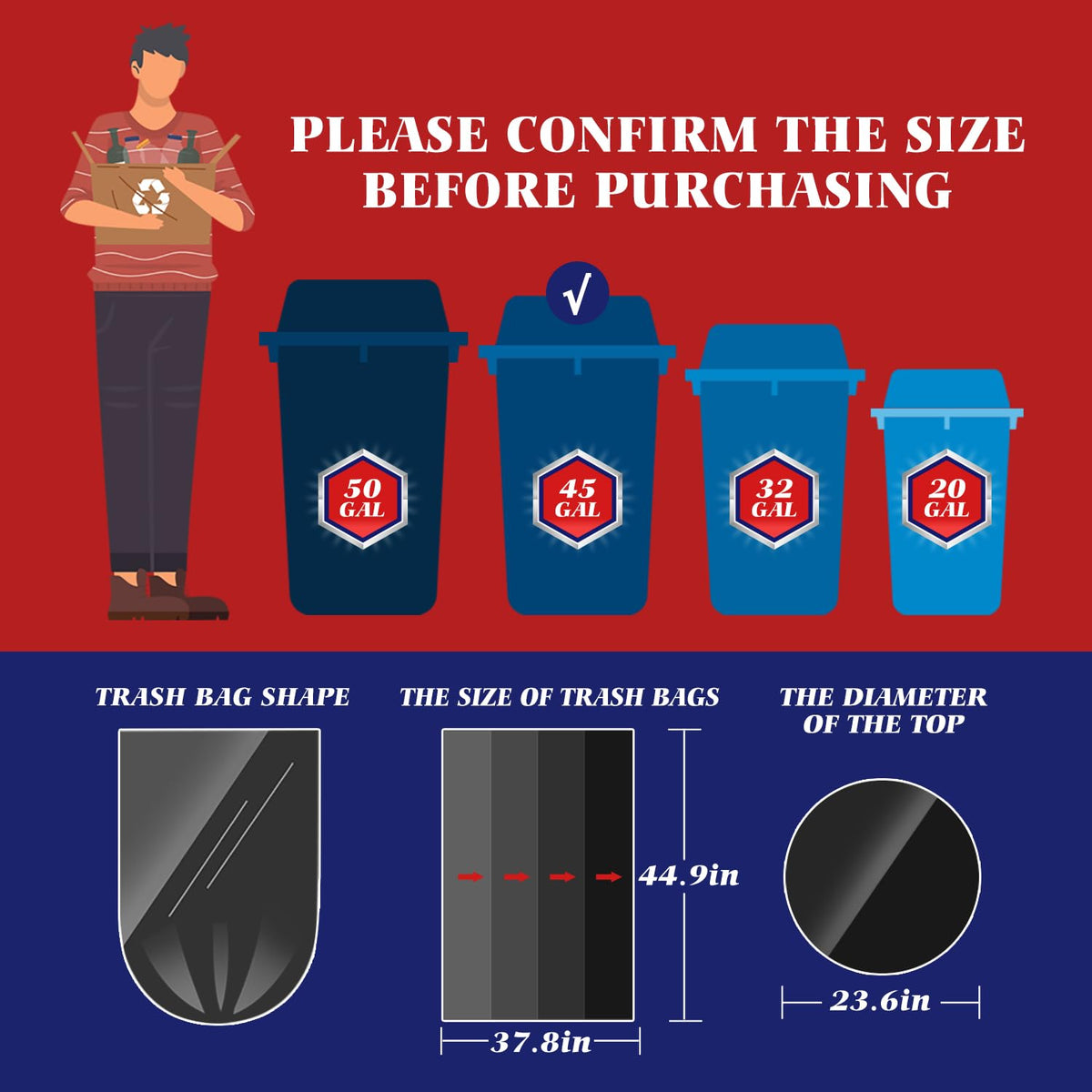 Black 40-45 Gallon Trash Bags 100 Count E653