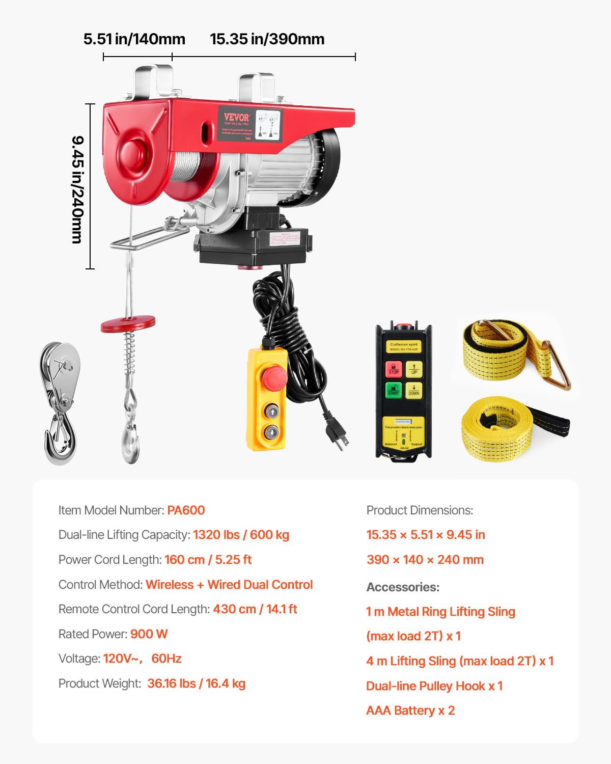 1320 lbs 120V Electric Hoist with Wireless Remote Z510743