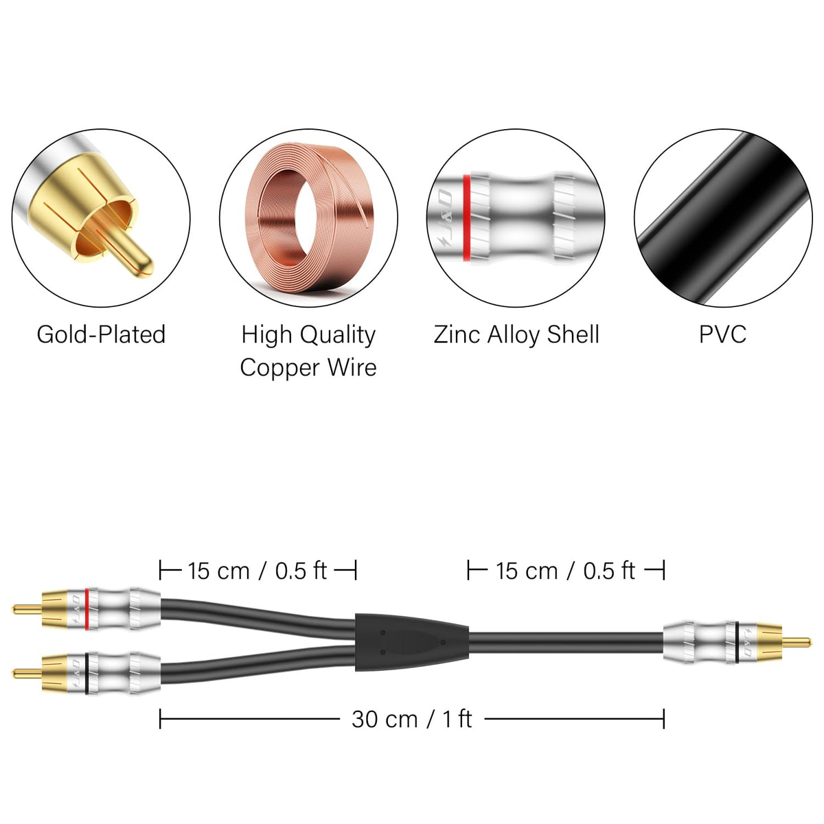 1 RCA Male to 2 RCA Male Y-Splitter Audio Cable H390
