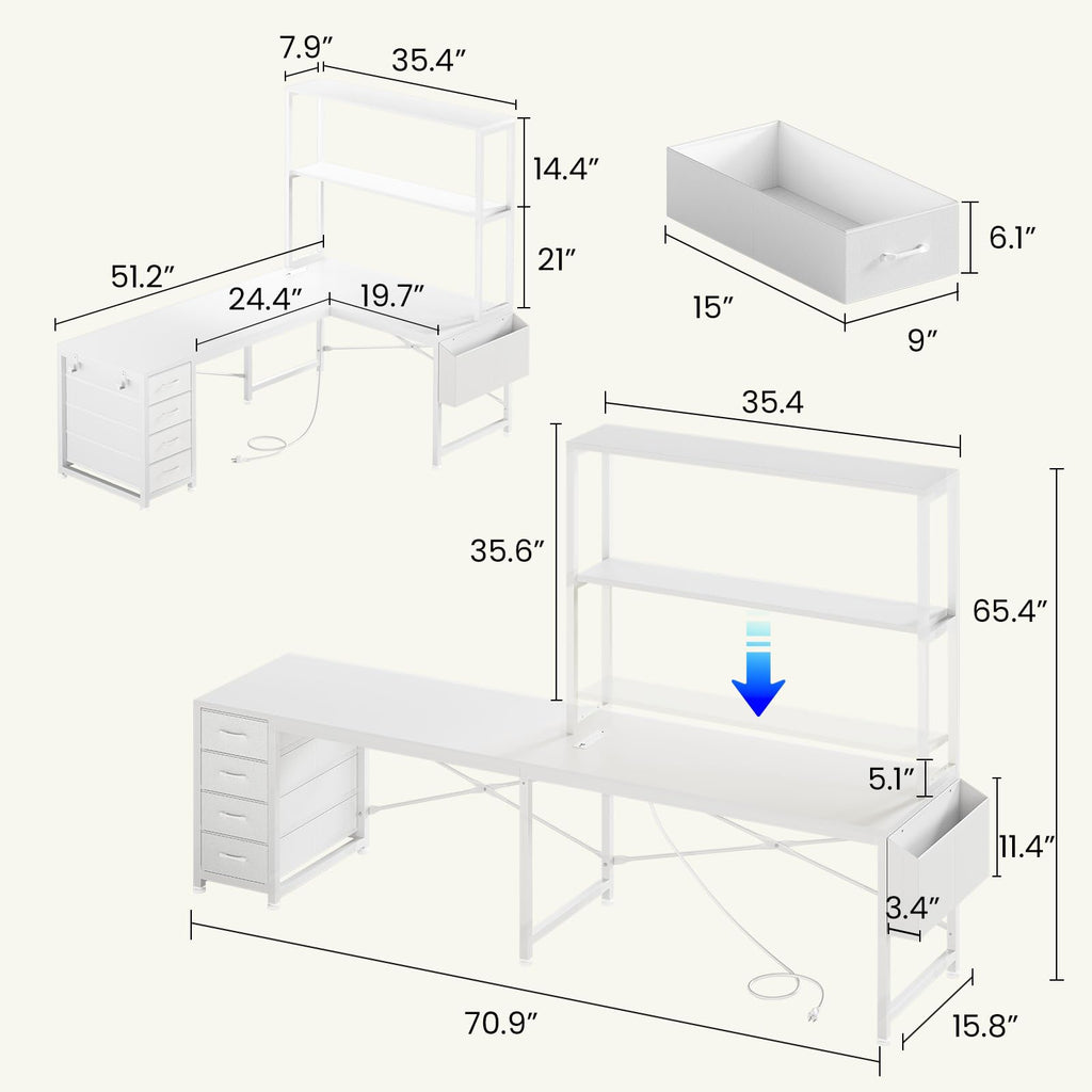 L Shaped Corner Desk with 4 Drawer, Power Outlet & LED Lights, White P3355