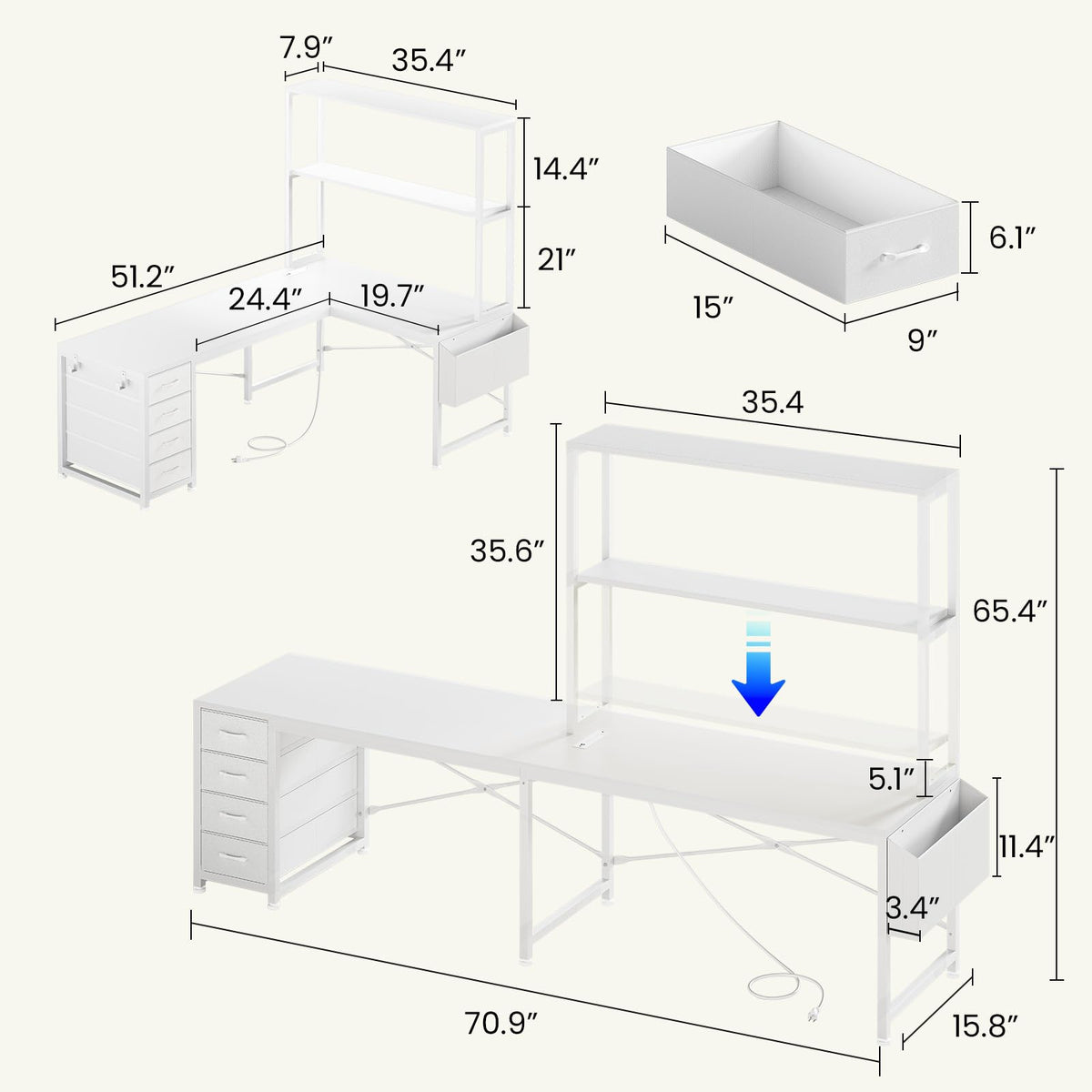 L Shaped Corner Desk with 4 Drawer, Power Outlet & LED Lights, White P3355