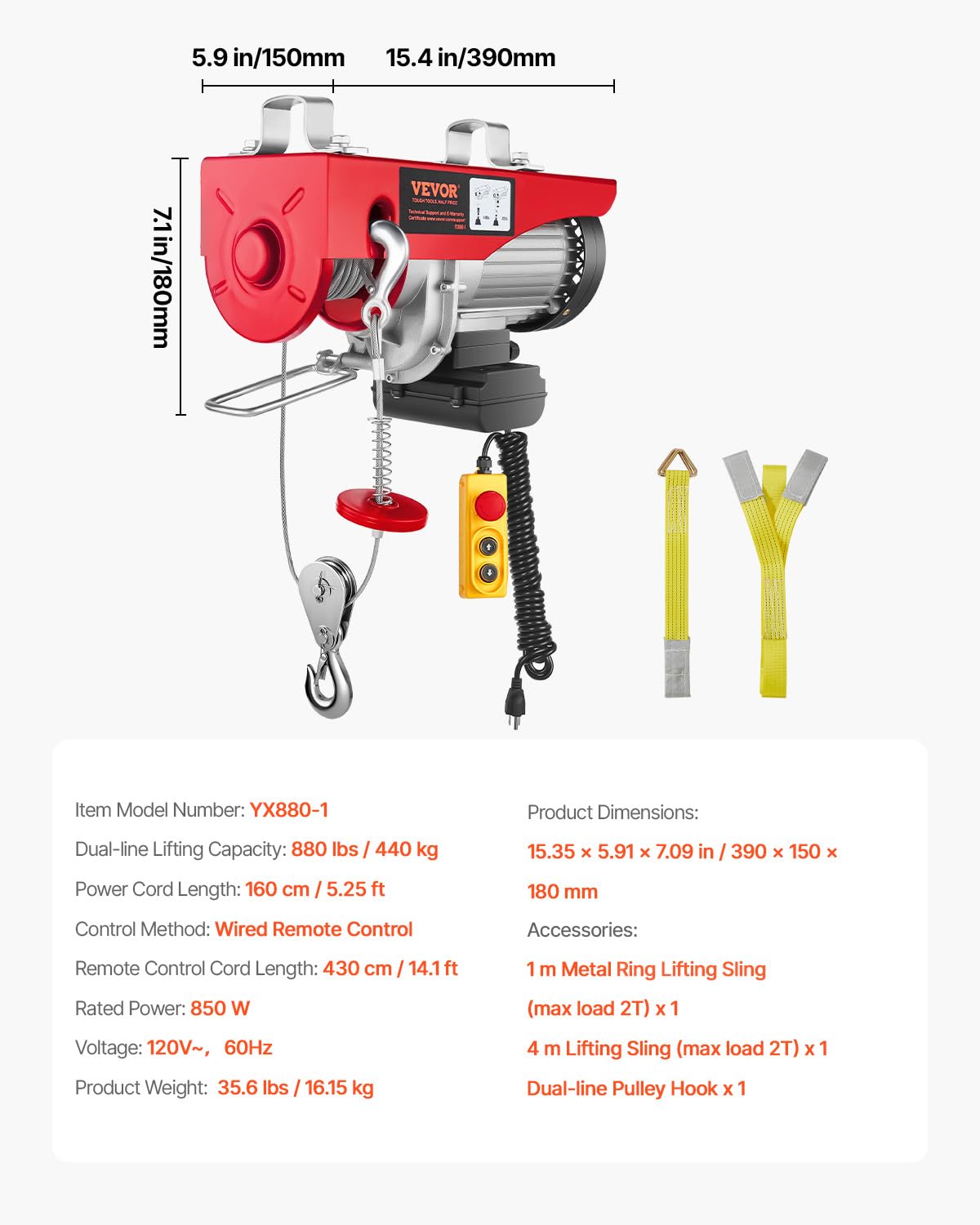 880lbs Electric Hoist with Wired Remote Control H1692
