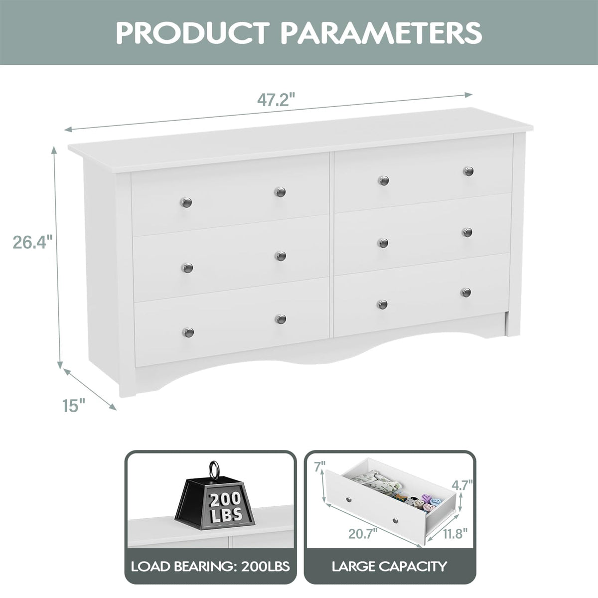 White 6 Drawer Wood Dresser G85236