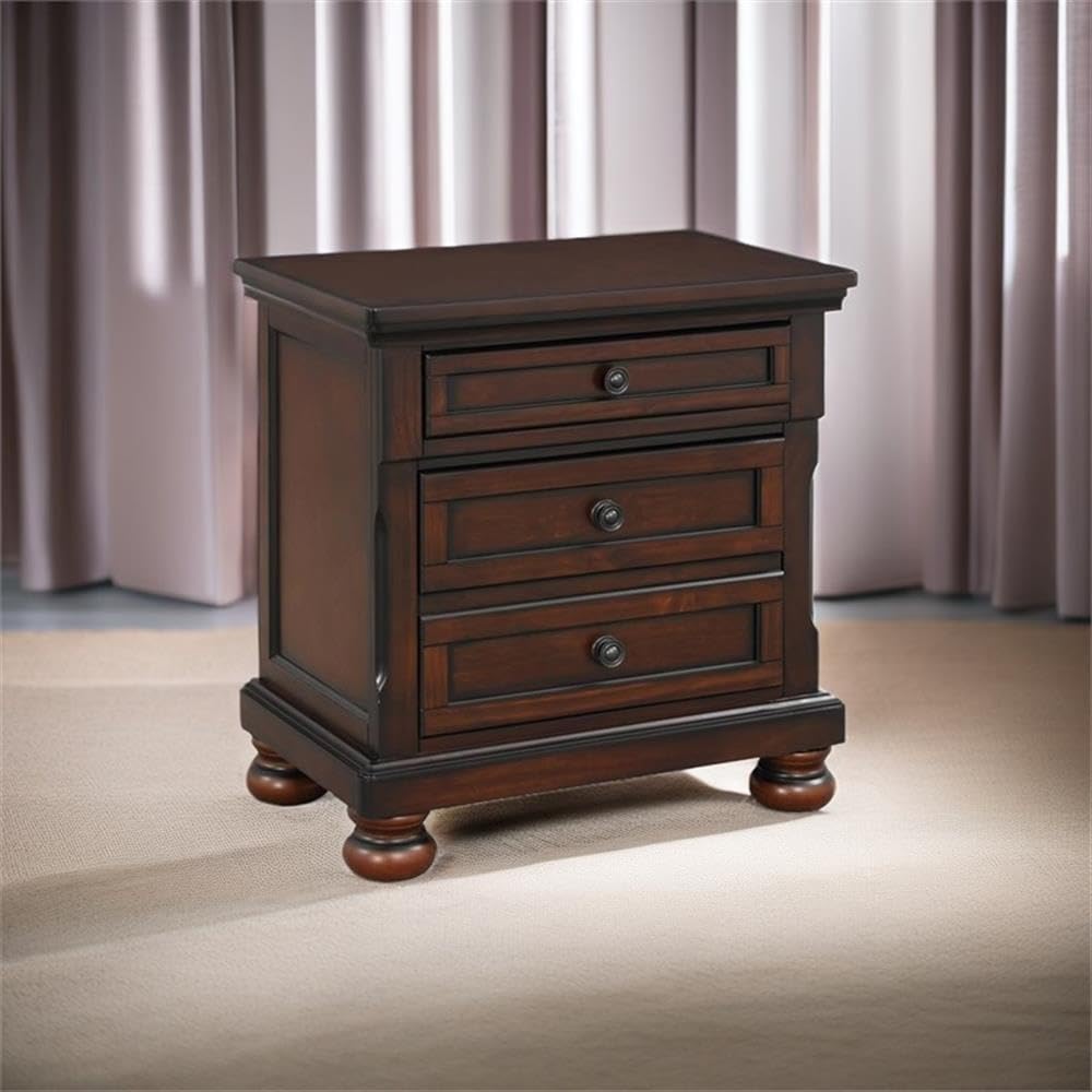 Brown Cherry 3 Drawer Wood Nightstand W50077