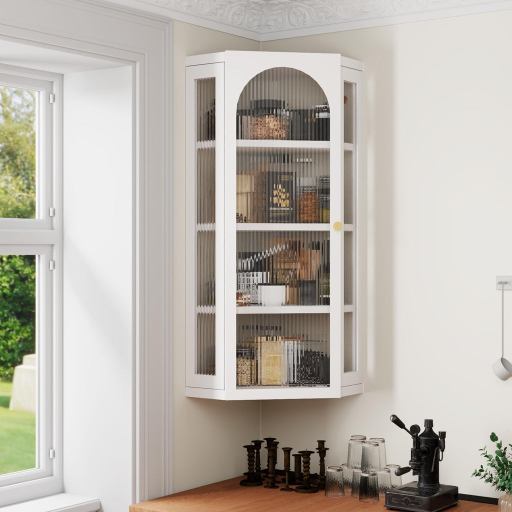 White Metal Corner Wall Cabinet with Glass Doors and Shelves K9521