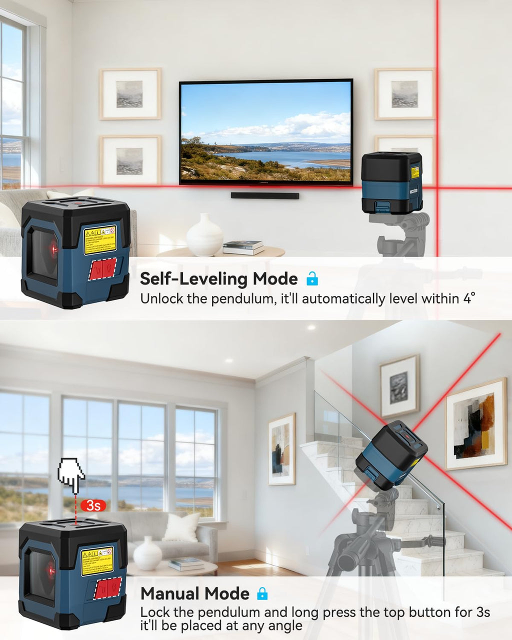 Cross Line Laser Level with Self-Leveling, Vertical and Horizontal Line, 360 Degree, Carrying Pouch, Battery Included J324