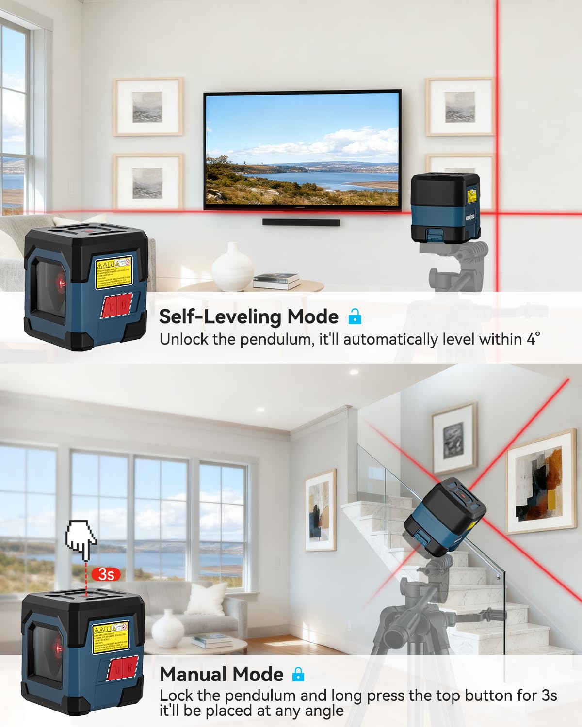 Cross Line Laser Level with Self-Leveling, Vertical and Horizontal Line, 360 Degree, Carrying Pouch, Battery Included J324