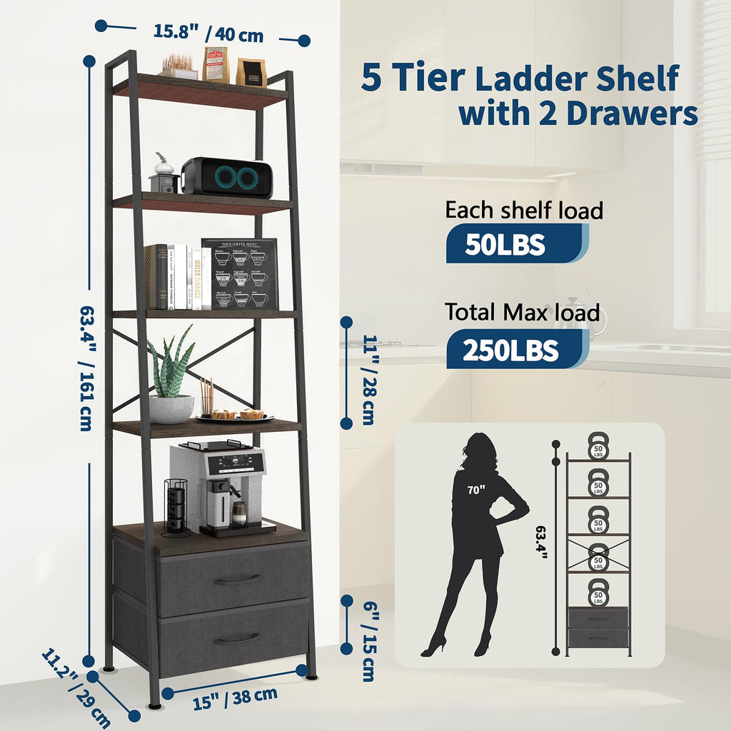 5-Tier Ladder Bookshelf with 2 Drawers Black E477