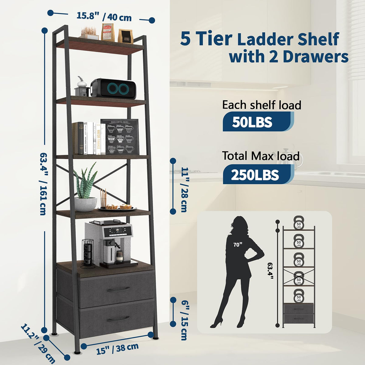 5-Tier Ladder Bookshelf with 2 Drawers Black E477