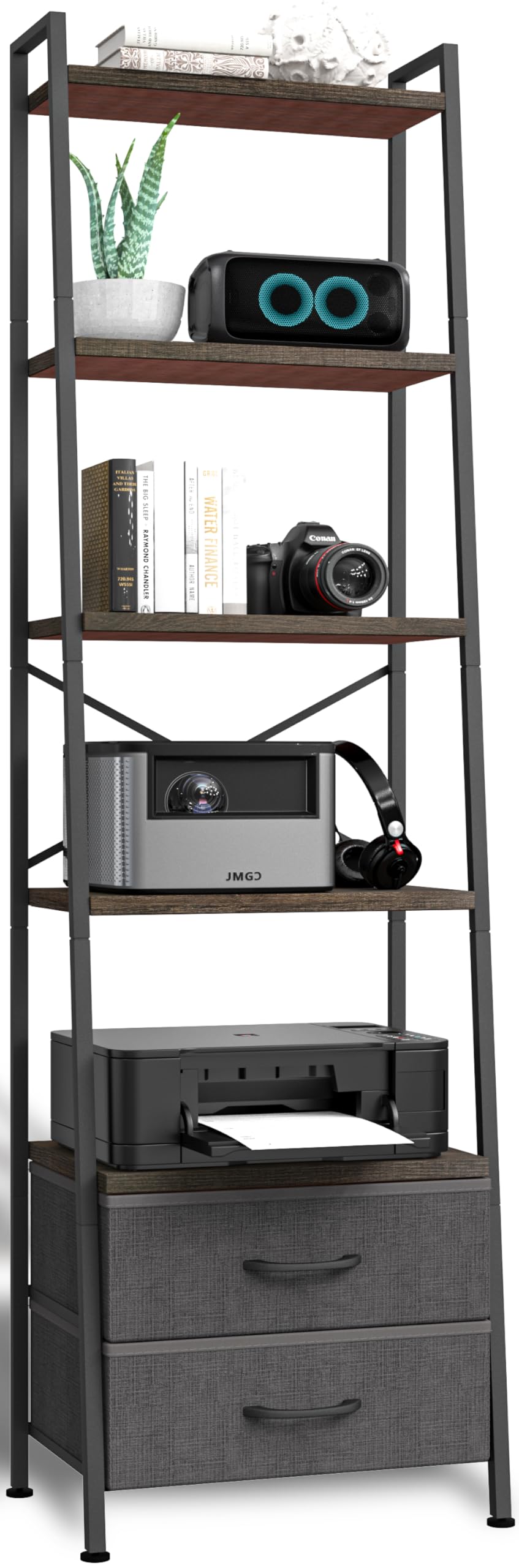 5-Tier Ladder Bookshelf with 2 Drawers Black E477