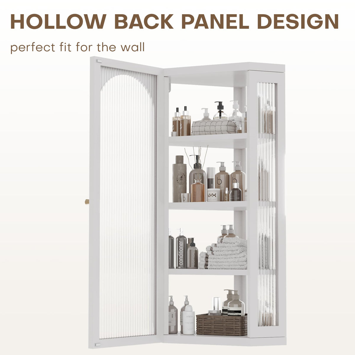 White Metal Corner Wall Cabinet with Glass Doors and Shelves K9521