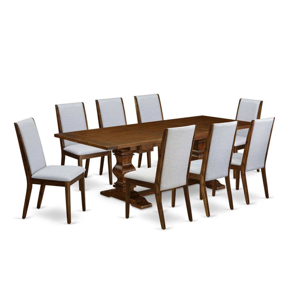 9 Piece Walnut Dining Room Set with 8 Grey Linen Chairs I4886