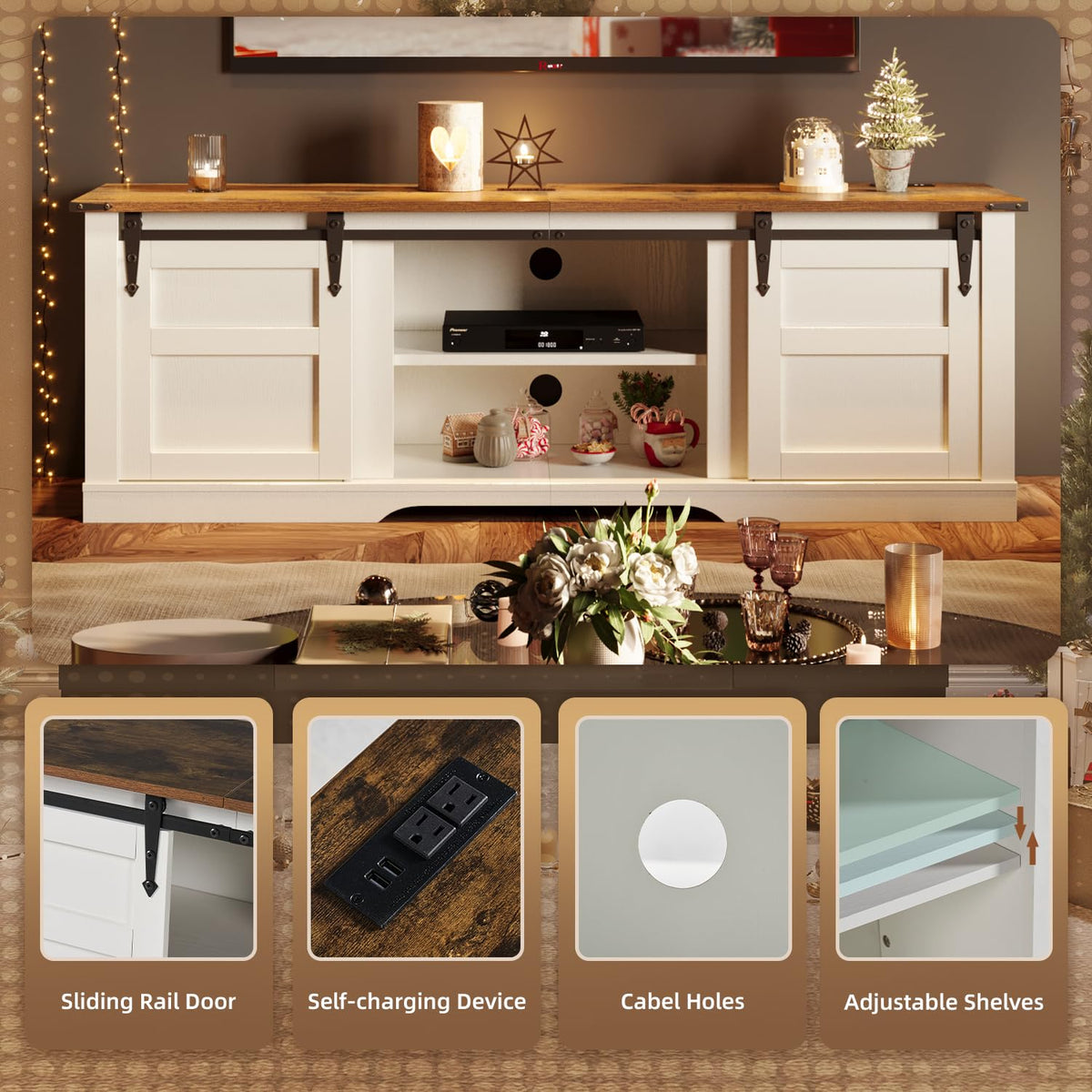 58" Farmhouse TV Stand with Sliding Barn Doors and Storage Cabinets Q3522