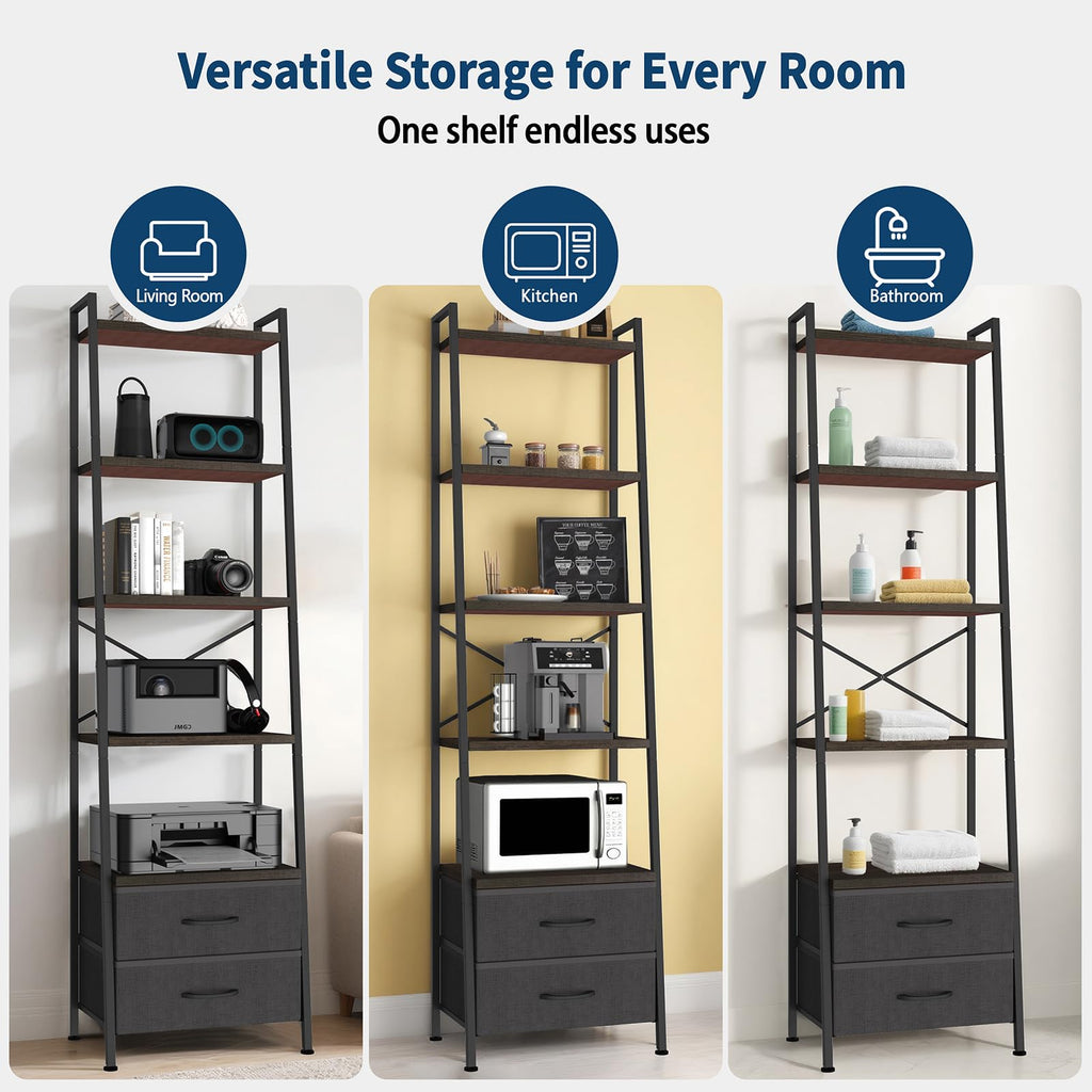 5-Tier Ladder Bookshelf with 2 Drawers Black E477