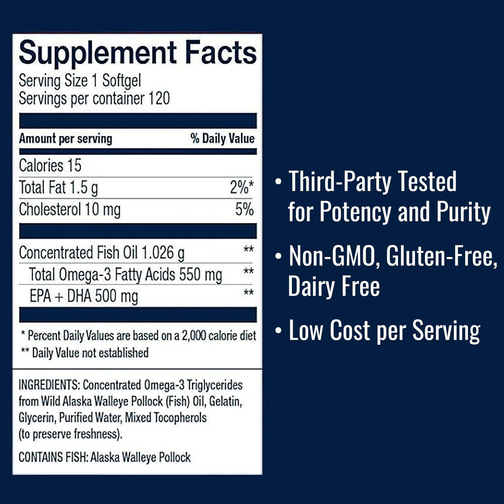 Omega-3 Fish Oil 550mg 120 Servings Wild Caught Alaska Pollock Triglyceride Form E8032