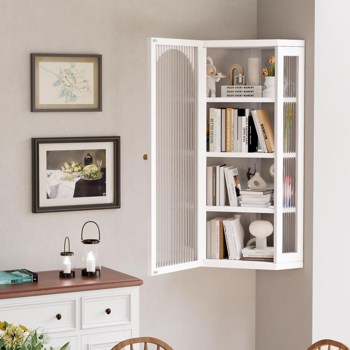 White Metal Corner Wall Cabinet with Glass Doors and Shelves K9521