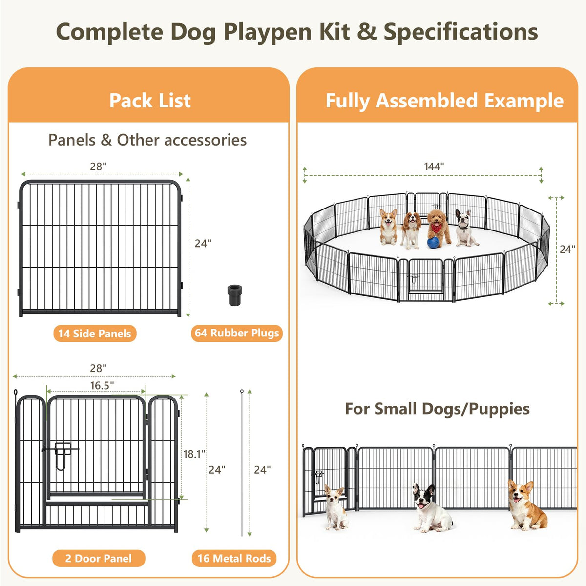 24" Height 16 Panels Foldable Metal Dog Playpen with Door G603857