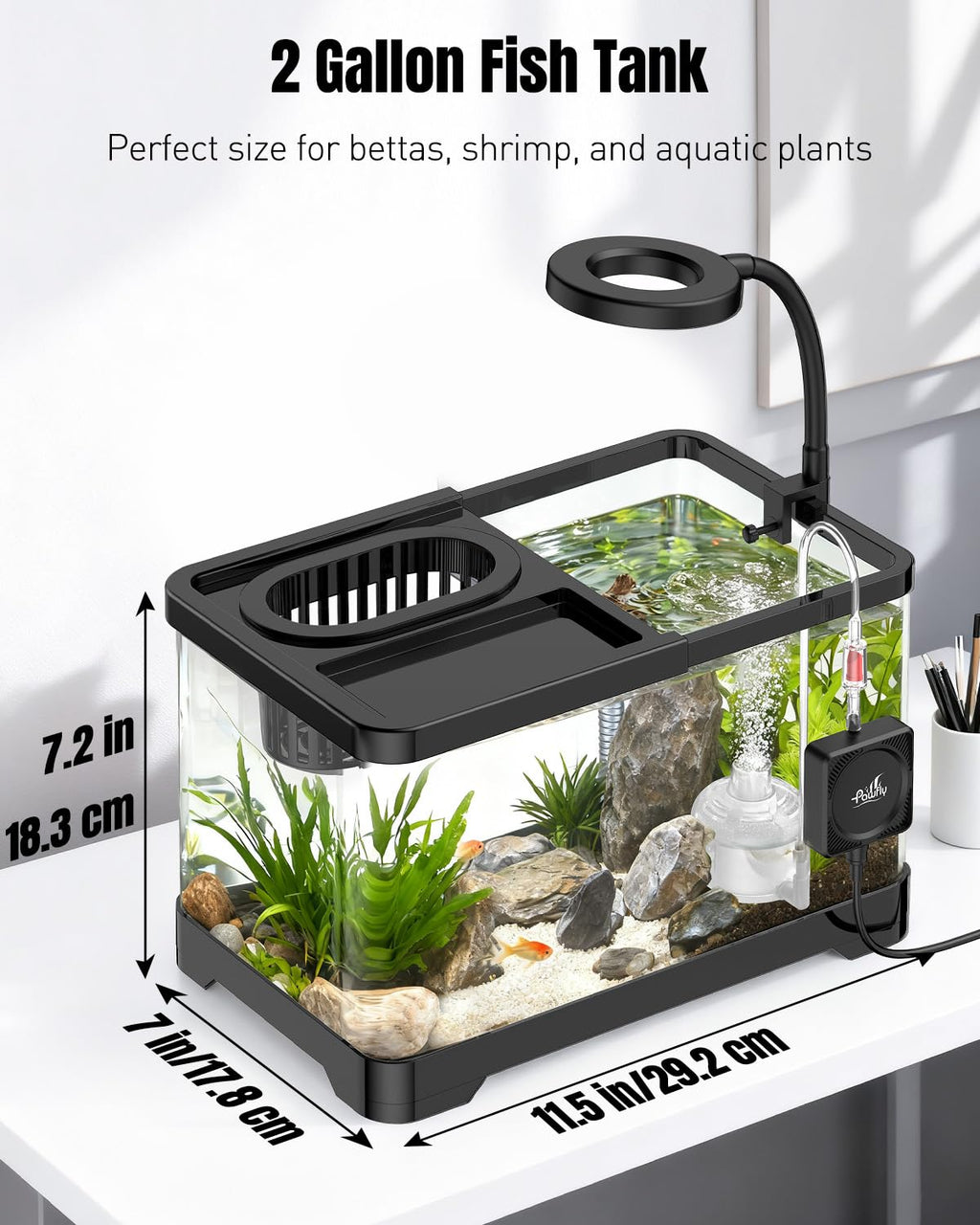 2 Gallon Ultra Clear Aquarium Starter Kit with LED Light, Air Pump, Filter K147148