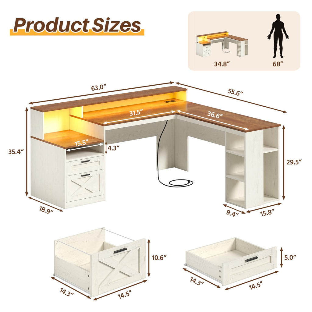 63" L Shaped Desk with Drawers and Storage Shelves H9657