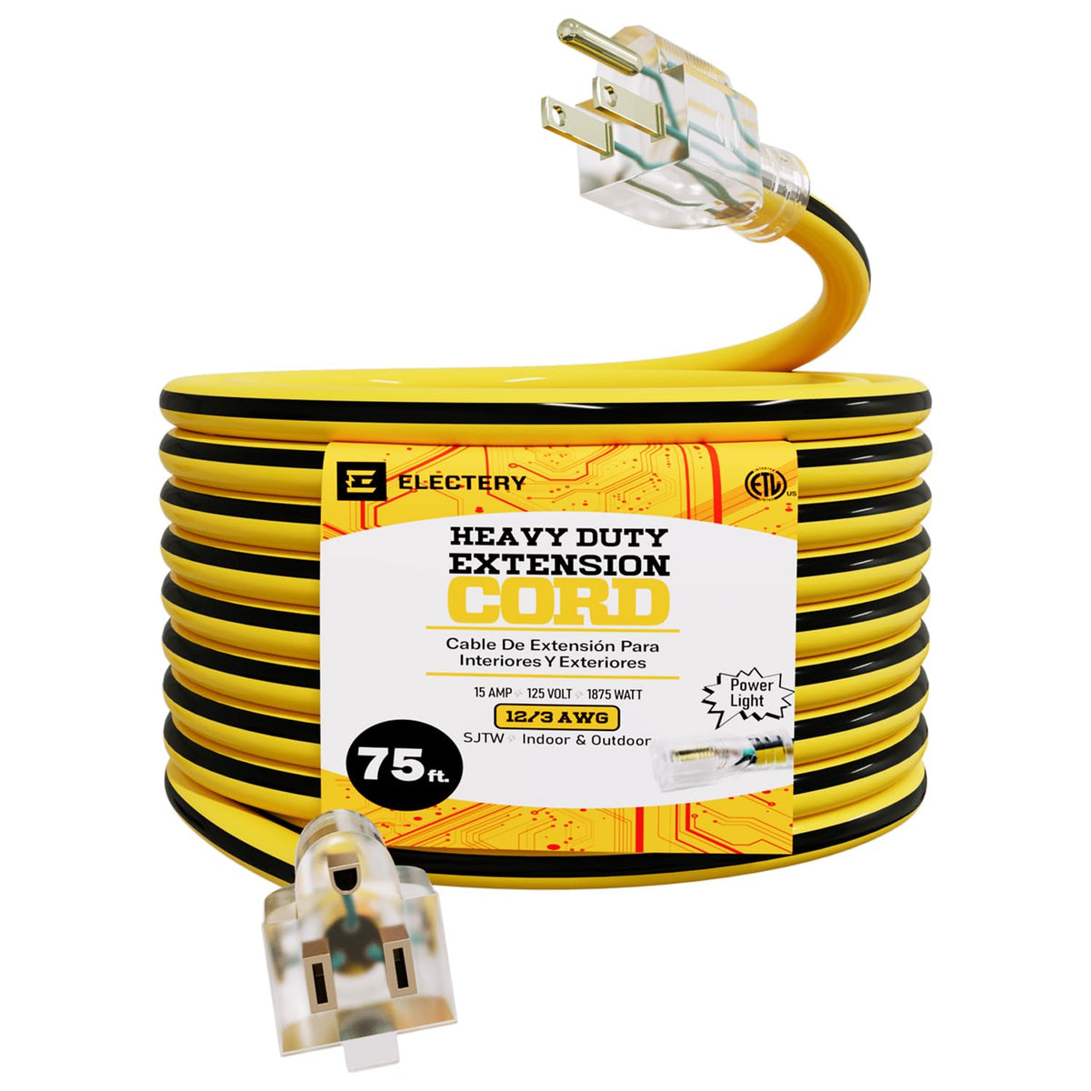 12 Gauge 75 Ft Heavy Duty Extension Cord SJTW Yellow 15Amp 1875W N9387