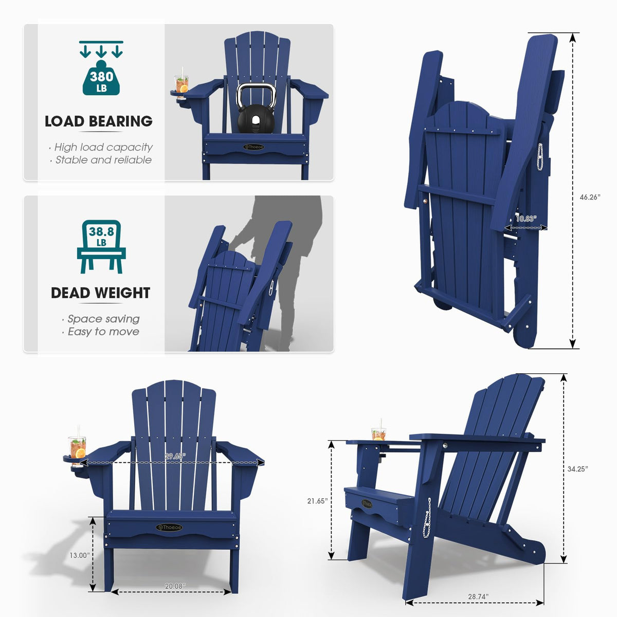 Folding Adirondack Chair Set of 2 HDPE All-Weather Outdoor Chair D619674