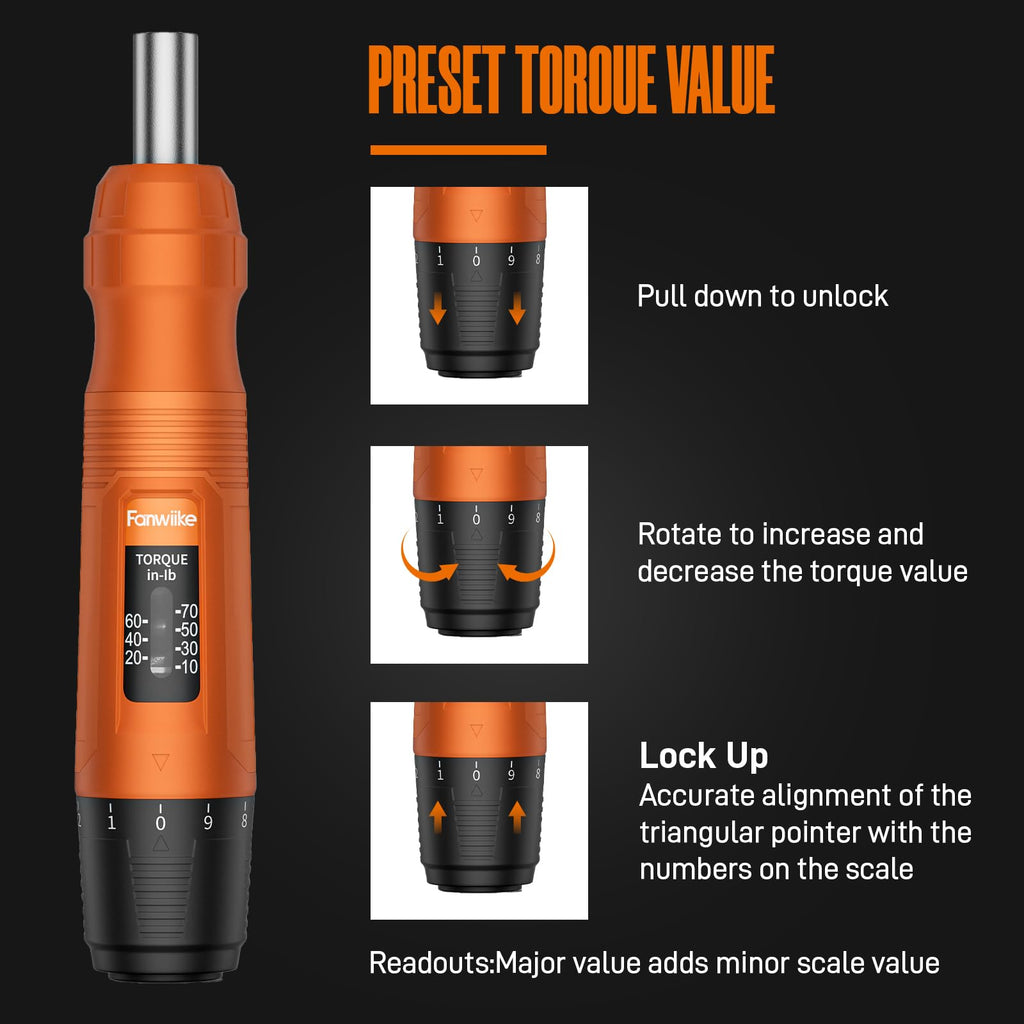 Torque Screwdriver Set, 10-70 In-lb, 1/4” Drive with Audible Click D576