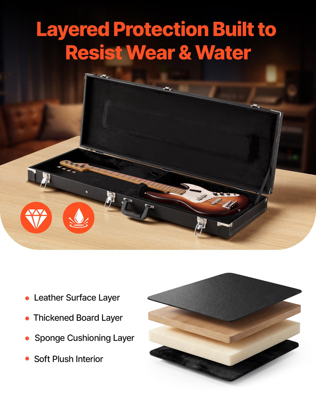 Black 41.3 Inch Wooden Hard-Shell Electric Guitar Case U911