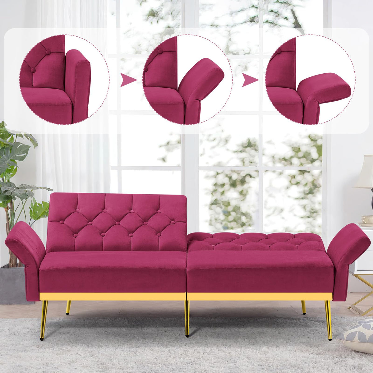 Velvet Sofa Bed with Adjustable Armrests & Backrests B18984