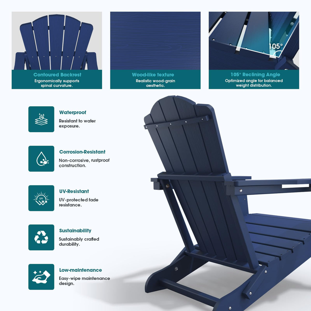 Folding Adirondack Chair Set of 2 HDPE All-Weather Outdoor Chair D619674
