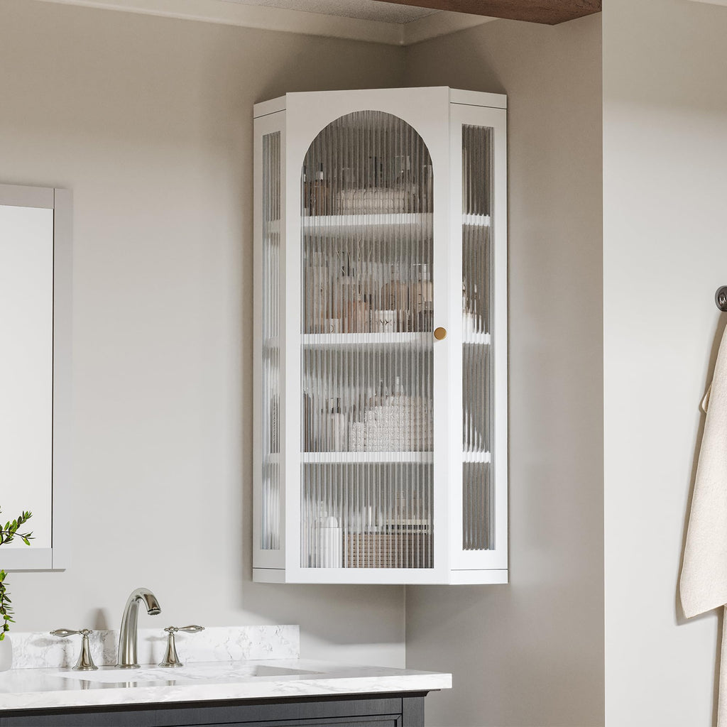 White Metal Corner Wall Cabinet with Glass Doors and Shelves K9521