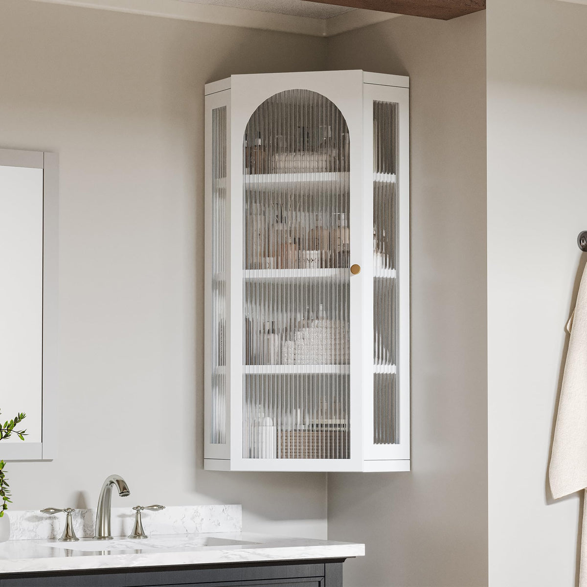 White Metal Corner Wall Cabinet with Glass Doors and Shelves K9521