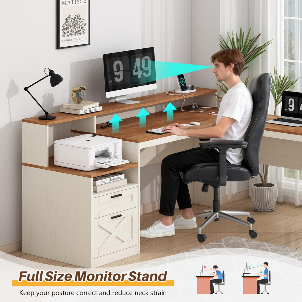 63" L Shaped Desk with Drawers and Storage Shelves H9657