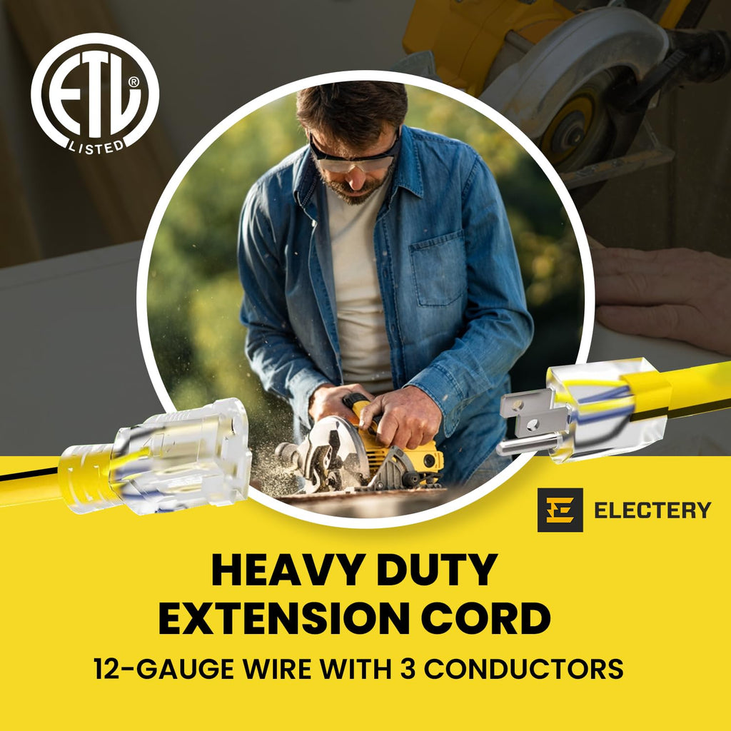 12 Gauge 75 Ft Heavy Duty Extension Cord SJTW Yellow 15Amp 1875W N9387