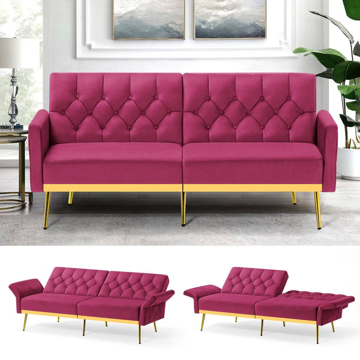 Velvet Sofa Bed with Adjustable Armrests & Backrests B18984