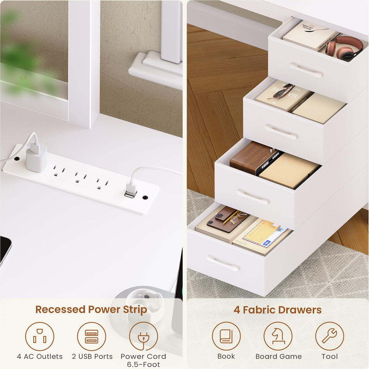 L Shaped Corner Desk with 4 Drawer, Power Outlet & LED Lights, White P3355