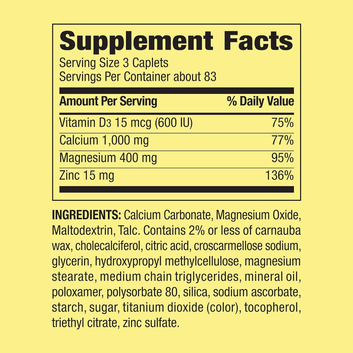 Calcium Magnesium Zinc Vitamin D3 Caplets Dietary Supplement 250 Count V273668