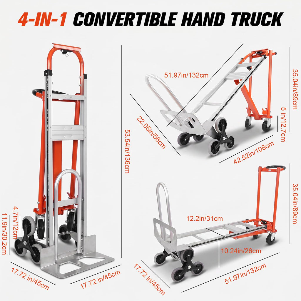 4-in-1 Convertible Stair Climbing Hand Truck, 1000LBS Heavy Duty Folding Aluminum Dolly Cart with Wheels & Handle U51050