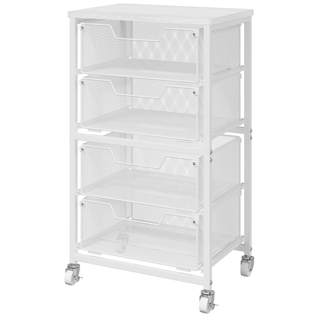 White 4 Drawer Rolling Storage Cart with Wooden Top B224