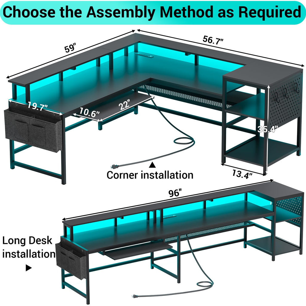 L Shaped Gaming Desk with Power Outlets & LED Strip L29044