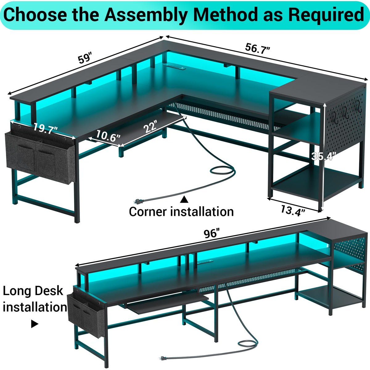L Shaped Gaming Desk with Power Outlets & LED Strip L29044