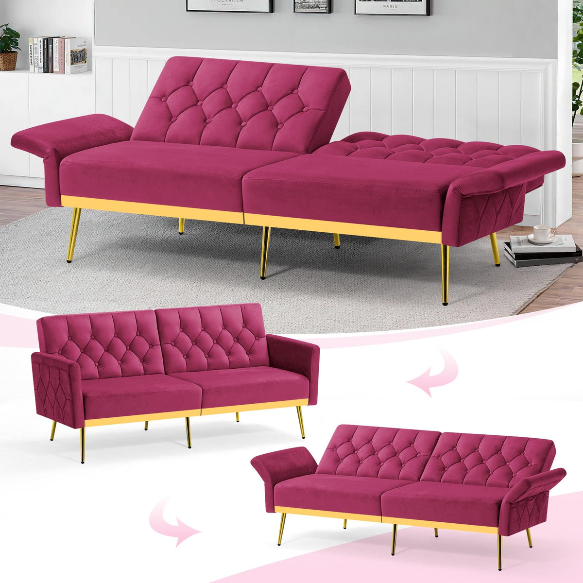 Velvet Sofa Bed with Adjustable Armrests & Backrests B18984