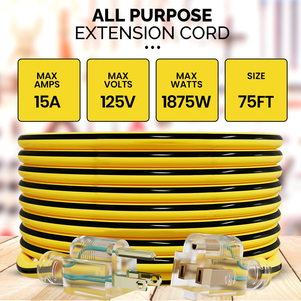 12 Gauge 75 Ft Heavy Duty Extension Cord SJTW Yellow 15Amp 1875W N9387