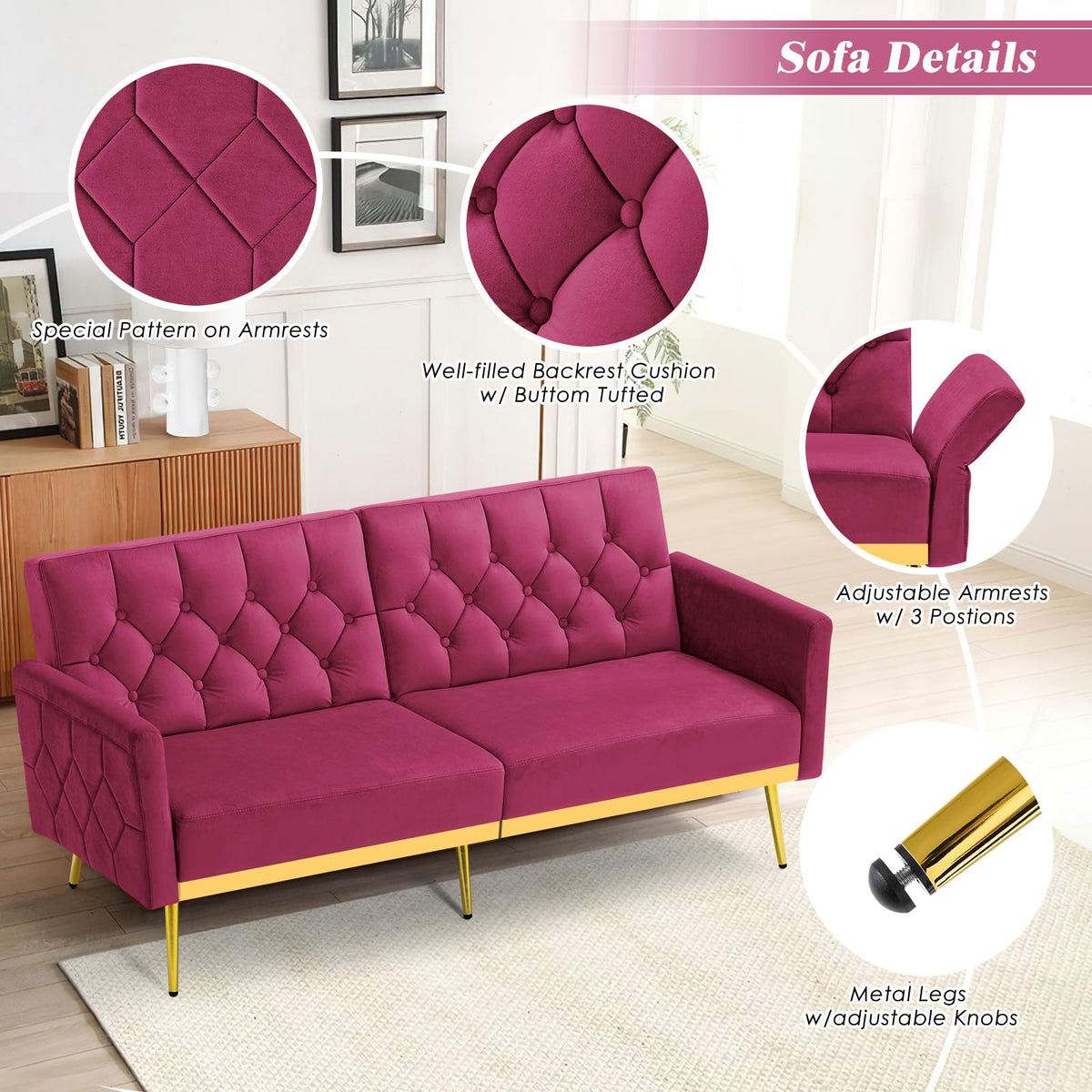Velvet Sofa Bed with Adjustable Armrests & Backrests B18984
