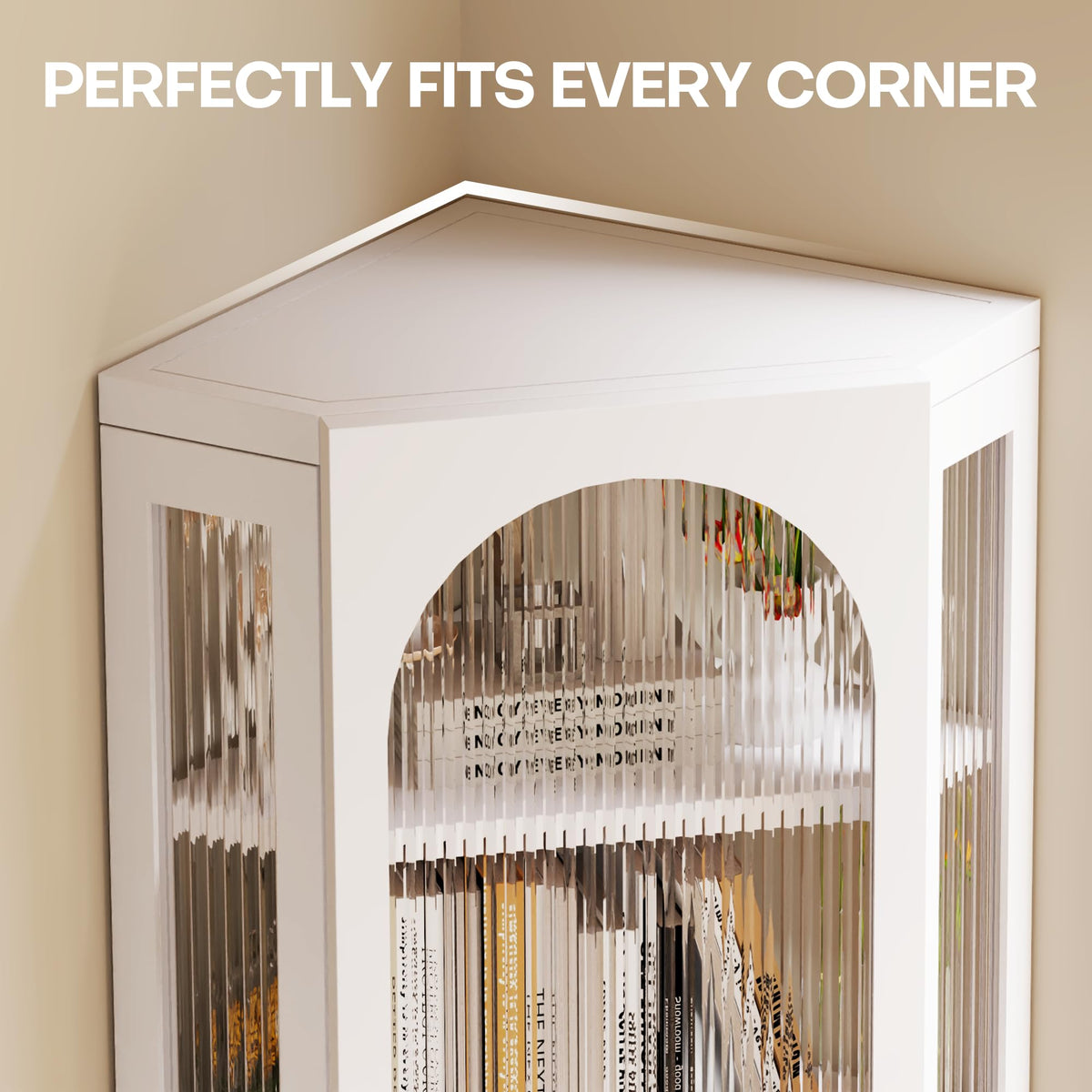 White Metal Corner Wall Cabinet with Glass Doors and Shelves K9521