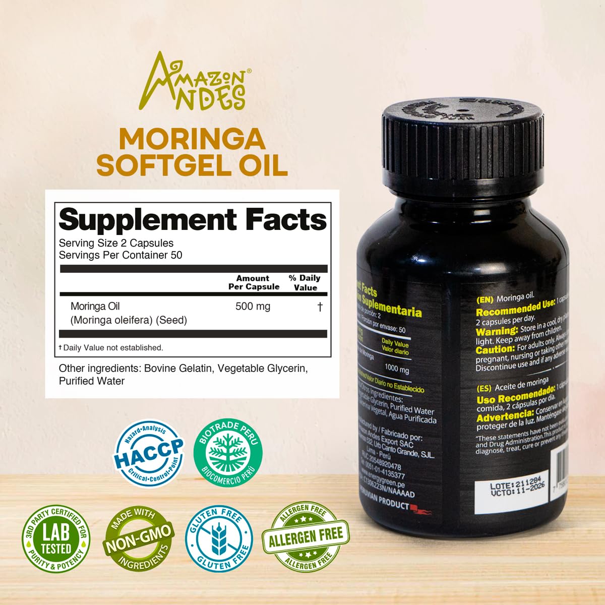 Moringa Seed Oil Softgels, Cold-Pressed, Vegan, 100 Softgels J464933