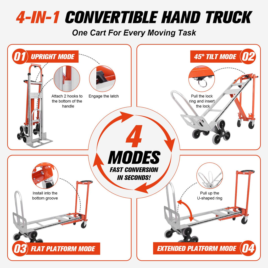 4-in-1 Convertible Stair Climbing Hand Truck, 1000LBS Heavy Duty Folding Aluminum Dolly Cart with Wheels & Handle U51050