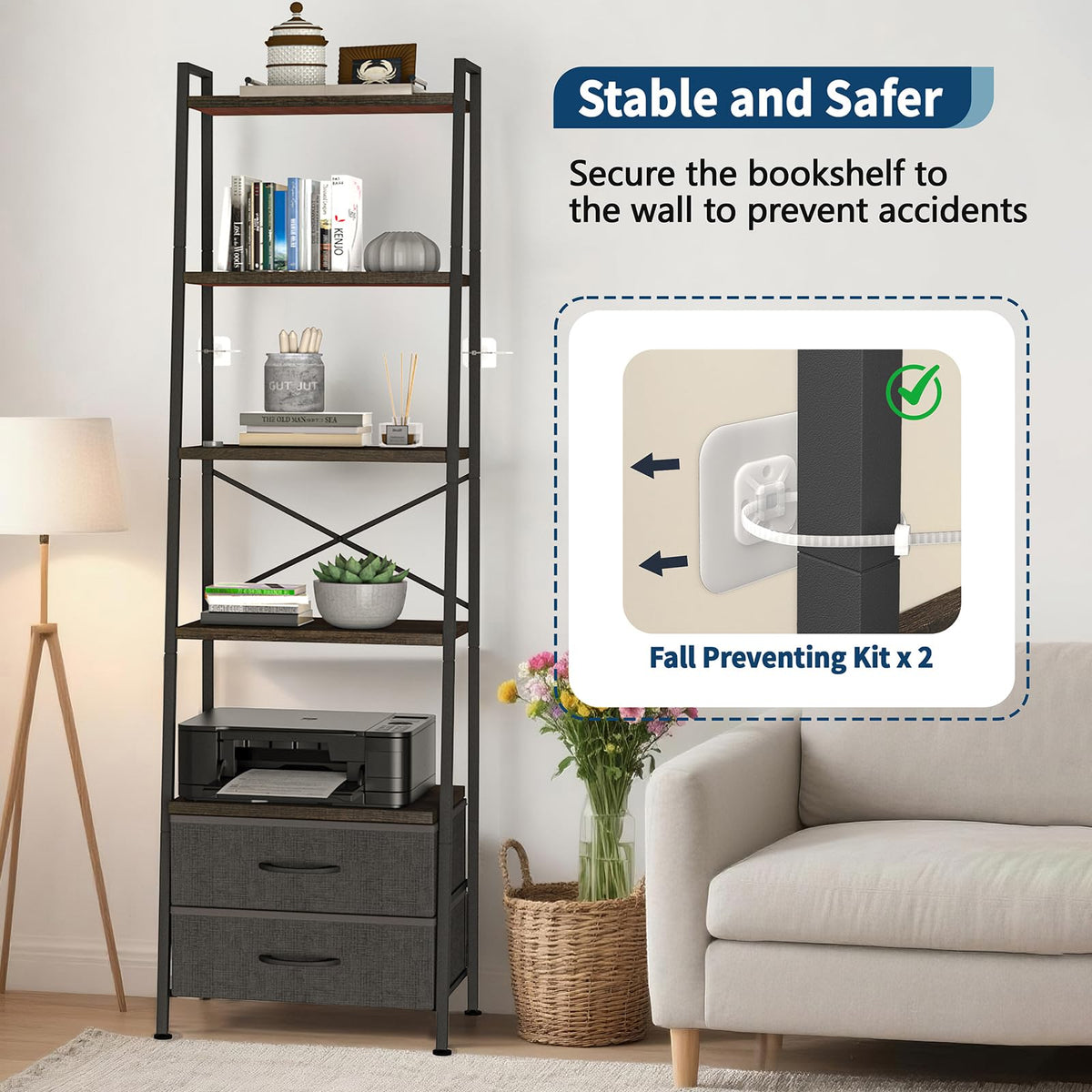 5-Tier Ladder Bookshelf with 2 Drawers Black E477